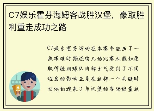 C7娱乐霍芬海姆客战胜汉堡，豪取胜利重走成功之路